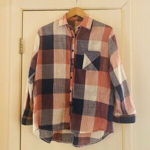 Boutique Brand Color block Linen blend Lagenlook button front Blouse XL